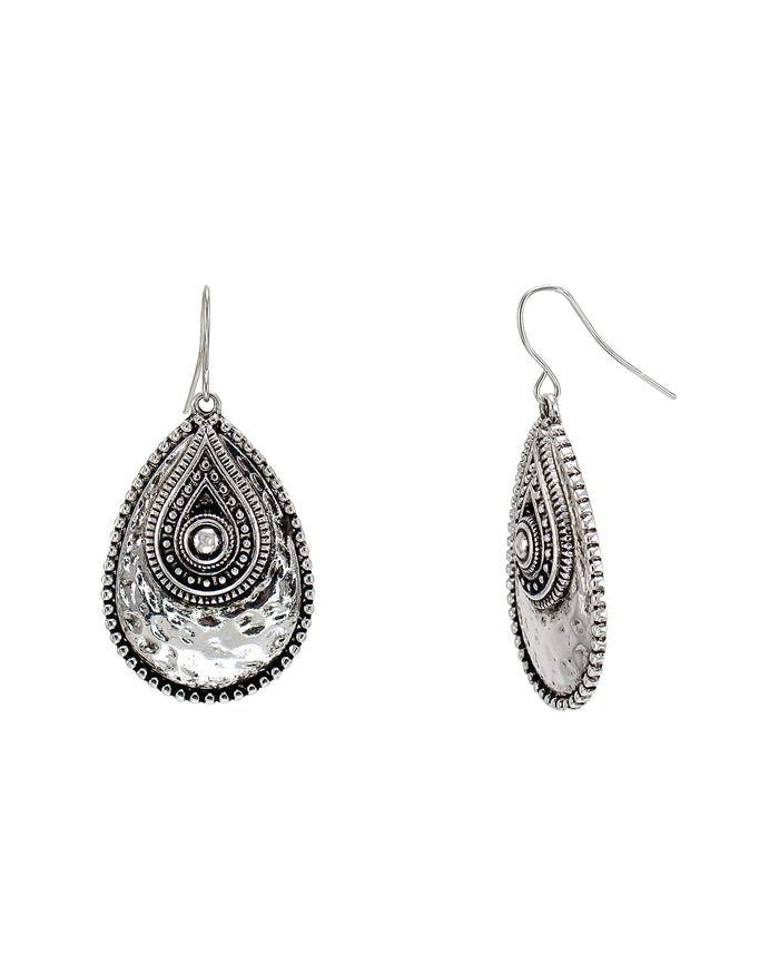 Silver Tone Overlay Teardrop Earrings displayed on white background – Dauplaise Jewelry