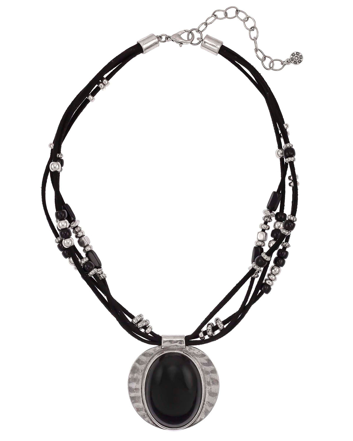 Black multi-strand cord necklace with beads and an oval black cabochon in an antique-silver-tone frame on a white background.