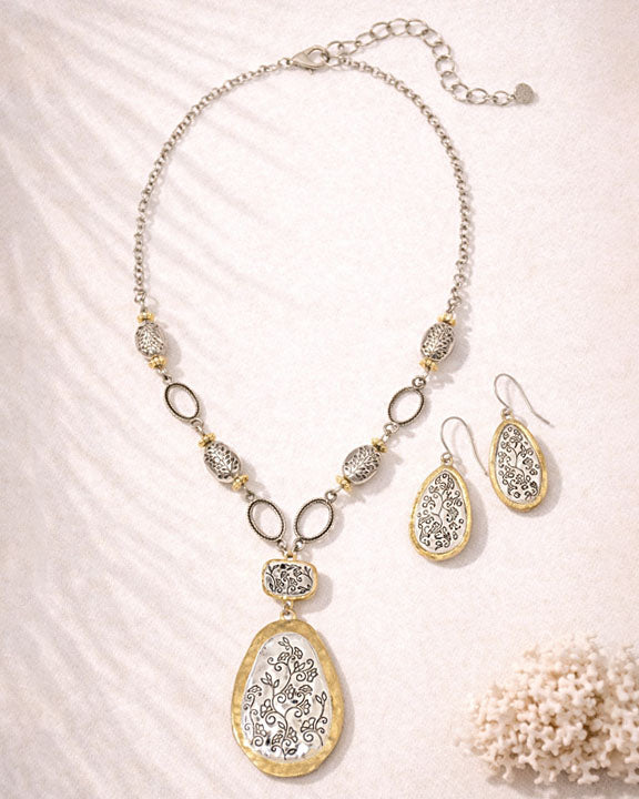 Gold-Tone Beaded Necklace with Filigree Pendant & Filigree Drop Earrings Bundle Set