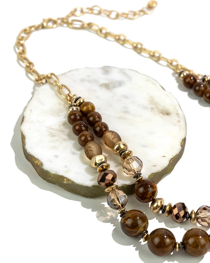 Closeup of Double Row Beaded Statement Necklace displayed on white background – Dauplaise Jewelry
