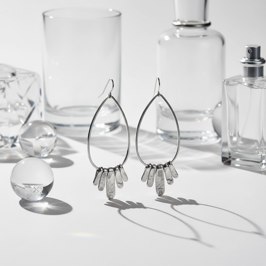 Pear-Shaped Silver Drop Earrings lifestyle shot – glass and shadows