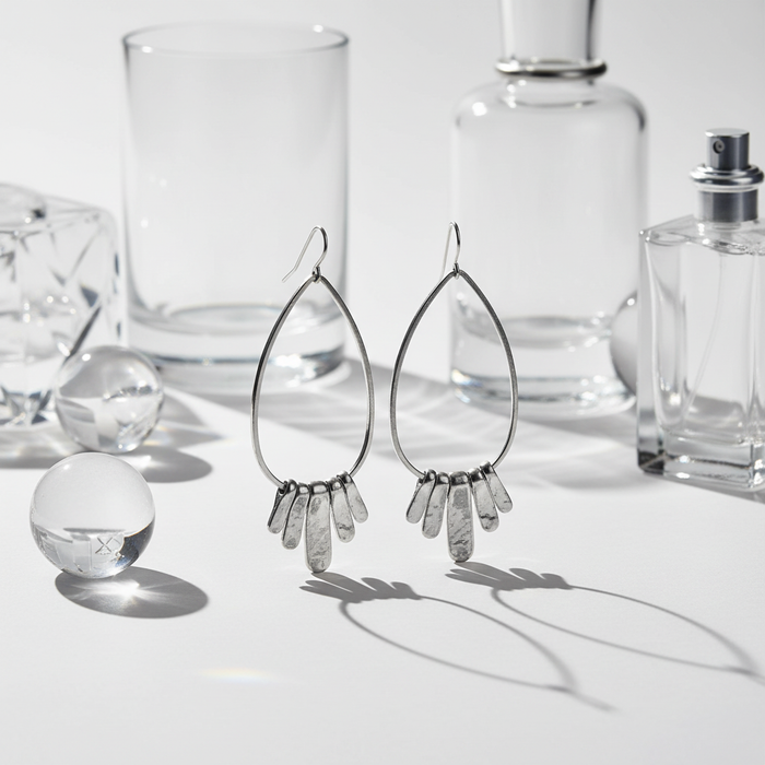 Pear-Shaped Silver Drop Earrings lifestyle shot – glass and shadows