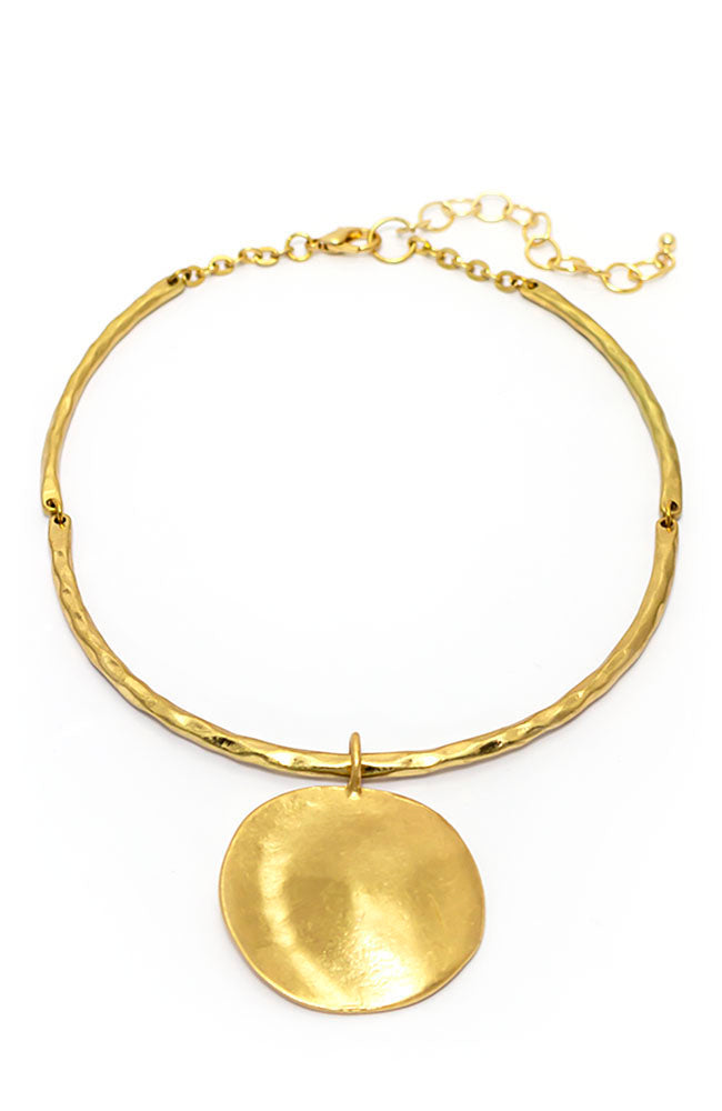 Gold Tone Collar With Round Disc Drop Necklace